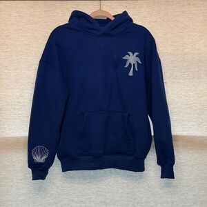Pink Palm Puff Navy Blue Hoodie with Palm Tree Design